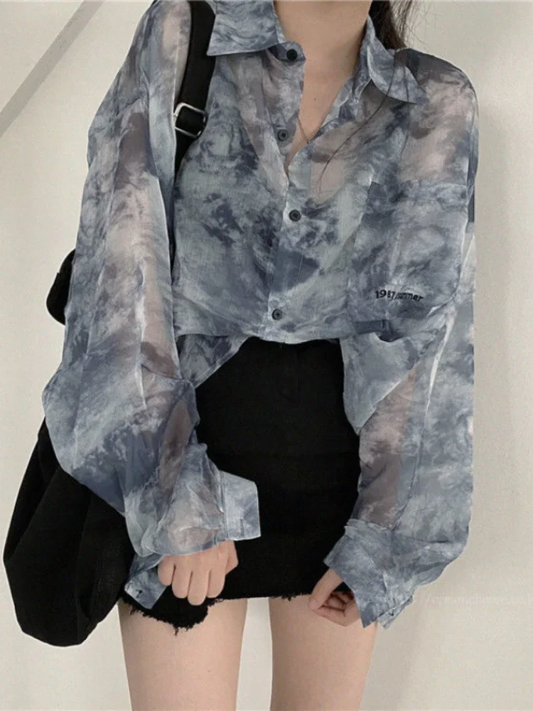 

2023 Shirts Women Fashion Tie Dye Harajuku Gothic Top Korean Loose Casual Clothes Sun-proof Embroidery All-match Summer Holiday