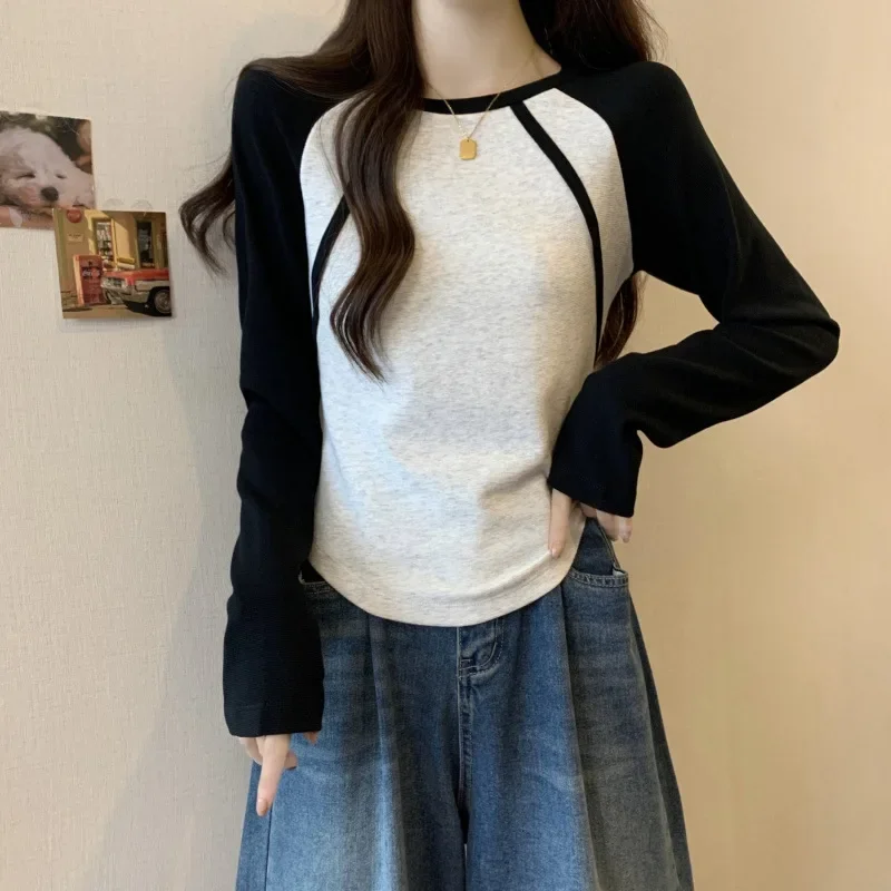 Футболки с длинными рукавами цветными блоками женские повседневные нишевые