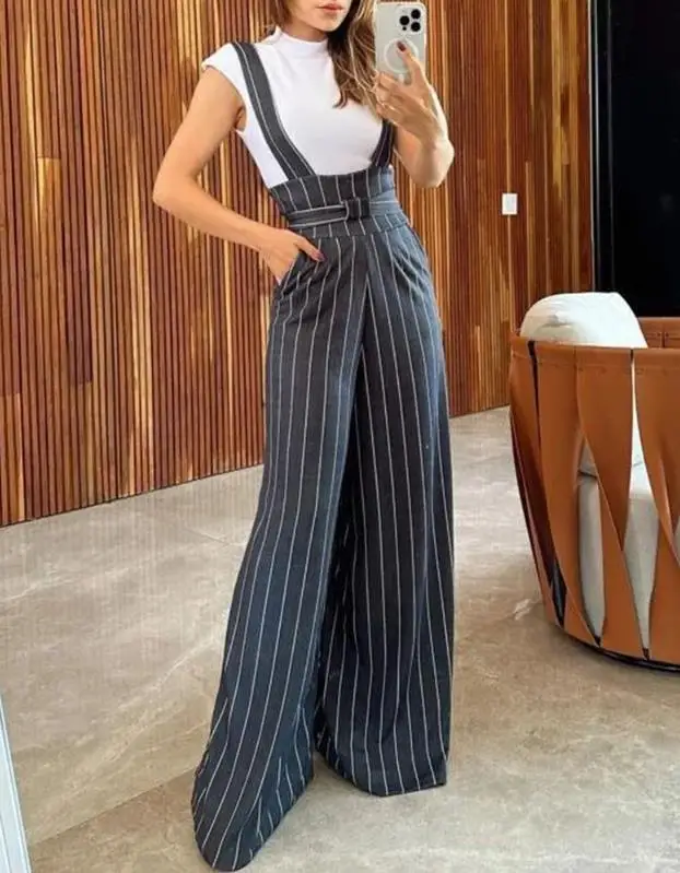 

Jumpsuits for Women 2023 Elegant Summer Striped Wide Leg Bootcut Suspender Jumpsuit Fashion Casual One Pieces