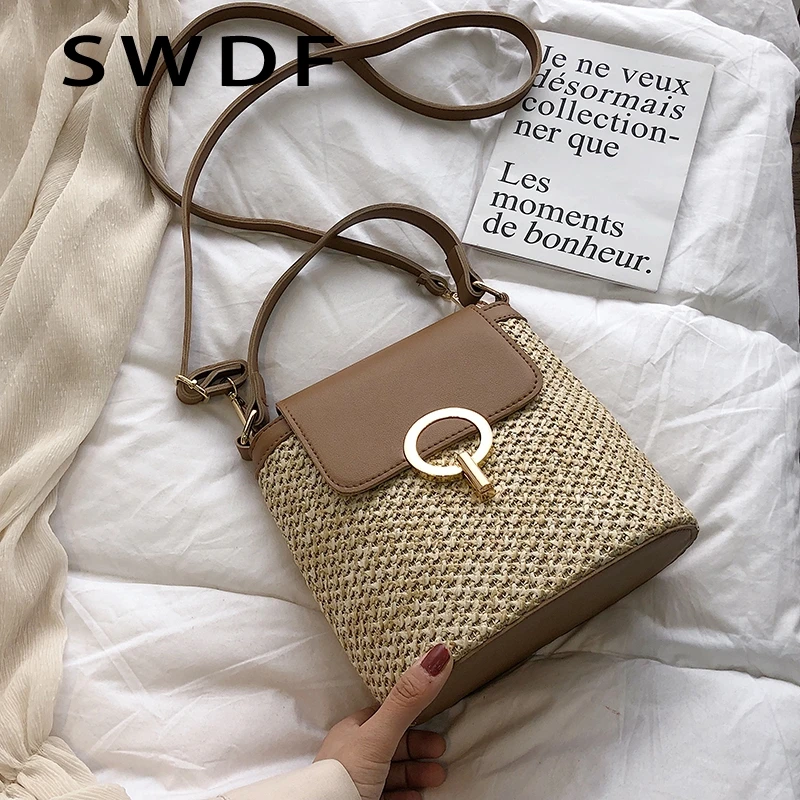 

SWDF New Small Straw Bucket Bags For Women 2022 Summer Crossbody Bags Lady Travel Purses And Handbags Female Shoulder Simple Bag