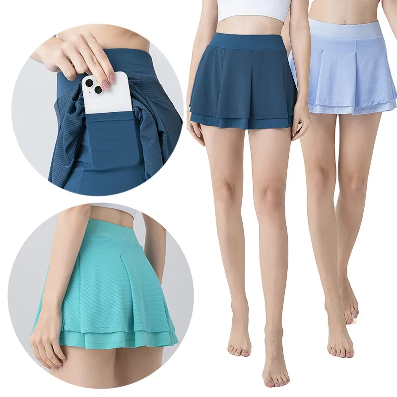 Women's Yoga Short Skirt Nylon Tennis Skirt Running Fitness Jacquard Skirt Fitness 2 Pcs Anti Exposure With Phone Pocket Skirt