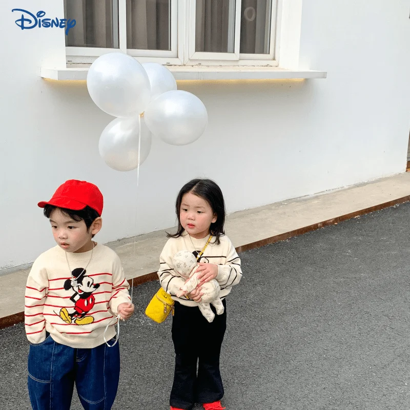 

Disney Mickey Baby Girl Boy Cotton Cartoon Sweater Spring Autumn Child Cute Pullover Striped Knitted Top Baby Clothes 18M-10Y
