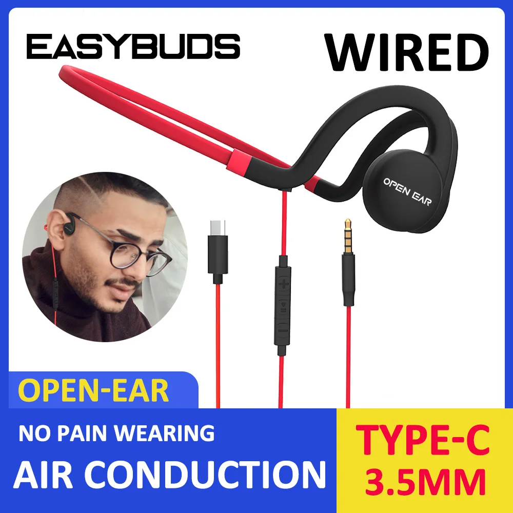 Проводная Спортивная гарнитура EASYBUDS с воздушной проводимостью, стереонаушники с открытым ухом и разъемом Type-C 3,5 мм для встреч