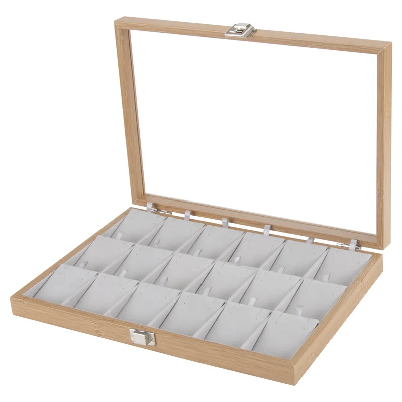 18 Grids Wooden Pendant Case Necklace Storage Jewelry Organizer Tray Holder Box Showcase with Windowed Glass Cover For Drawer