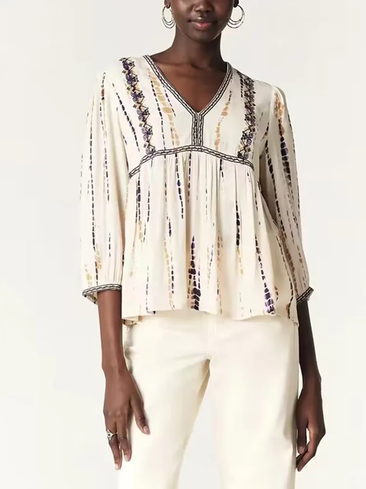 Винтажная женская блузка с v-образным вырезом и принтом повседневная свободная