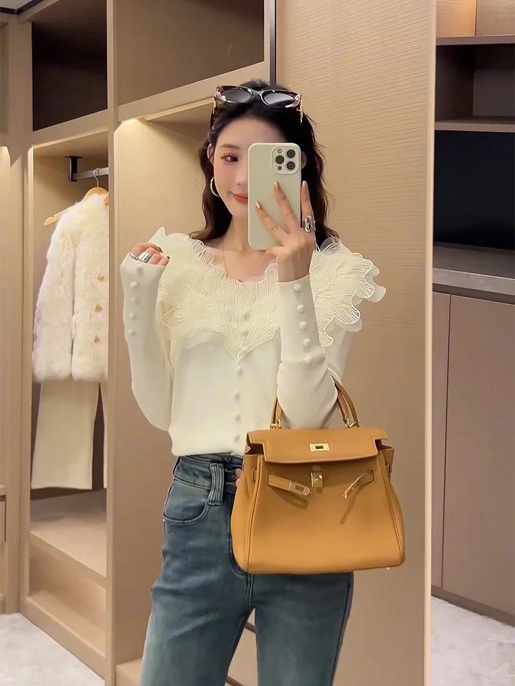 Французская изящная кружевная цветочная лоскутная трикотажная рубашка с