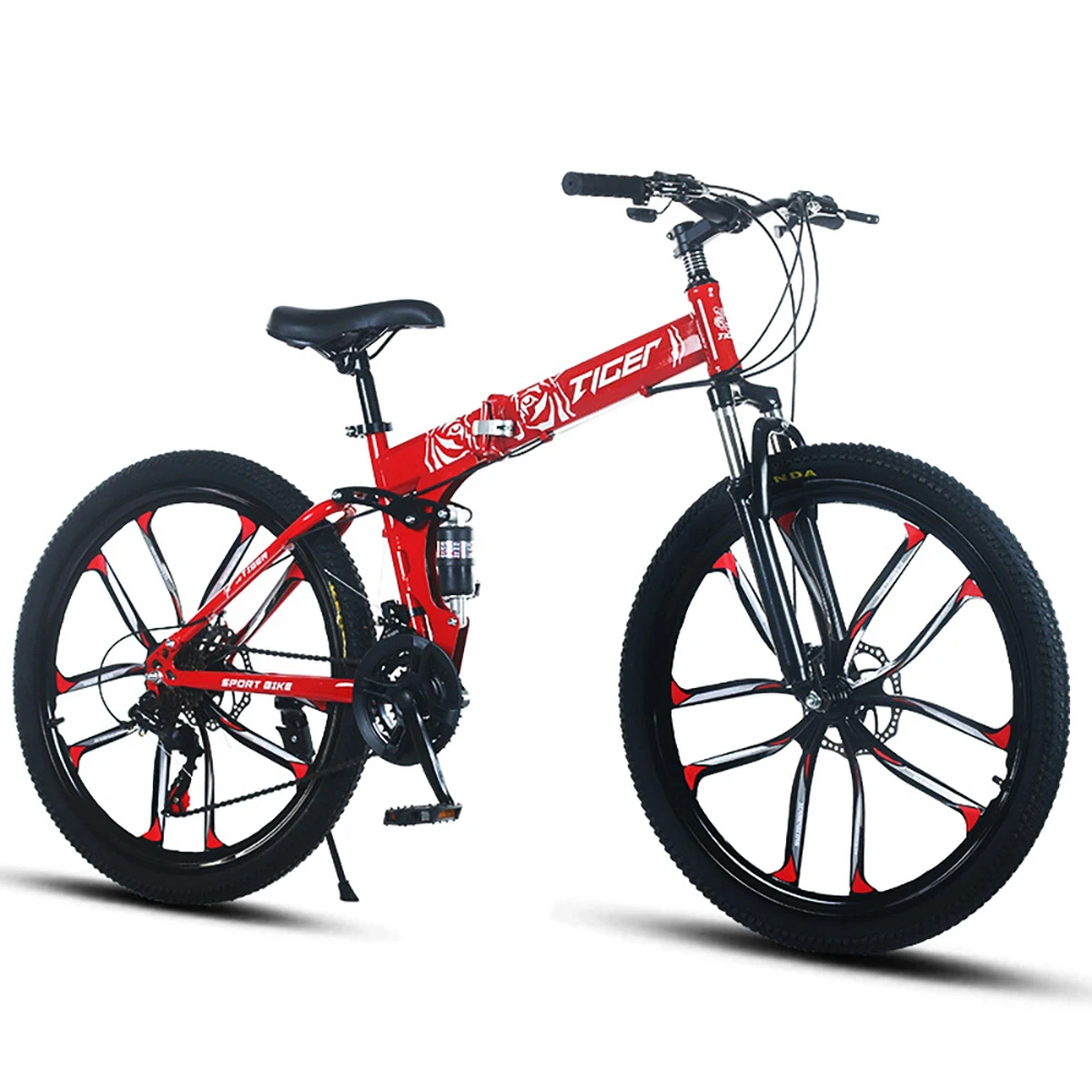 

26Inch 21Speed Folding Mountain Bicycles for Adults Travel High Carbon Steel Soft Tail Frame Aluminum Alloy Rim Dual Disc Brakes