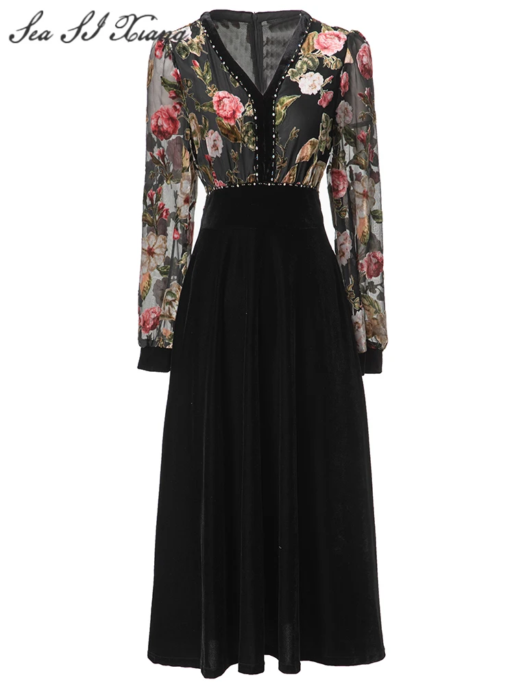 Женское бархатное платье с V-образным вырезом и рукавами-фонариками