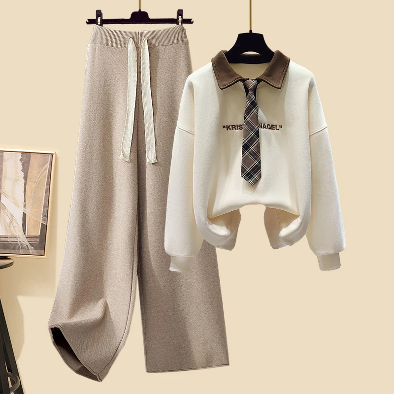 

Зимний костюм в стиле преппи для женщин с бархатной толстовкой с капюшоном и галстуком-поло для приталенного промежности и толстых вязаных широких брюк комплект из двух предметов