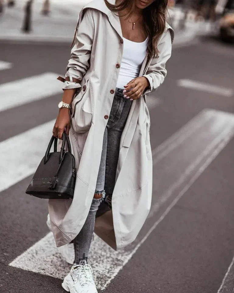 

Casual Trench Coat Feminino Plus Size Female Clothing Single Breasted Pocket Design Oversized High Street Belted Hem Trench Coat