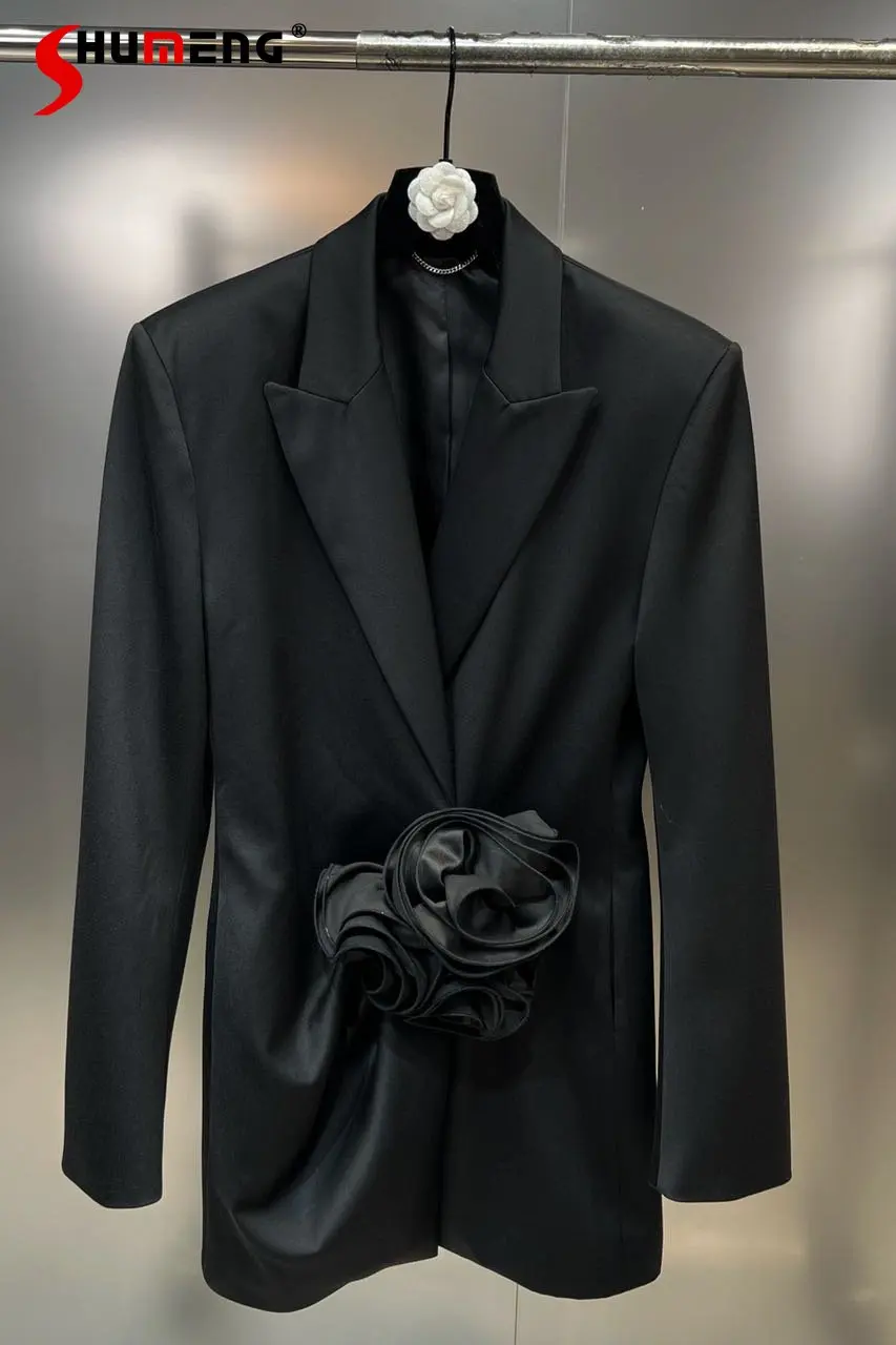 Spring 2023 Lapel Slimming Blazer Coat Long Sleeves Retro Big Flower Decorative Elegant Women's Black Suit Jacket Fashion