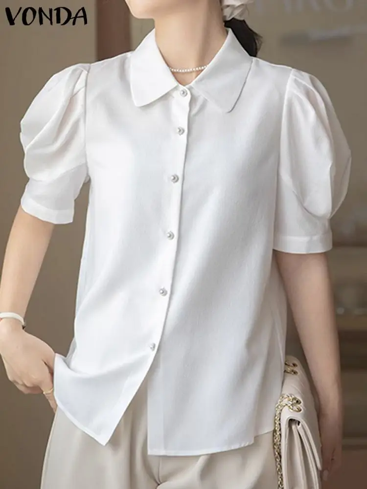 

Women Short Sleeve Shirts 2023 Fashion Casual Puff Sleeve Lapel Neck Tops VONDA Female Short Sleeve Blouse Solid Blusas Femme