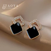 2022 elegant black enamel geometric square stud earrings luxury rhinestone jewelry party fashion accessories for woman%e2%80%98s gift