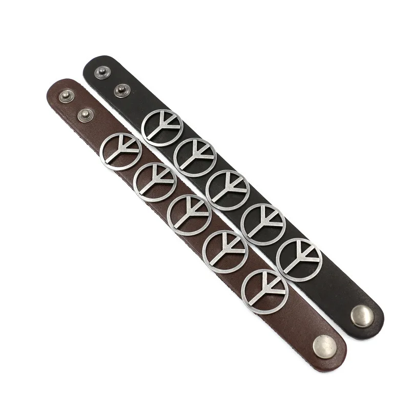 

Men's Leather Bracelet Vintage Fashion Jewelry Anti-war Peace Logo Bracelet Stainless Steel Metal Snap Clasp Wide Bracelet New