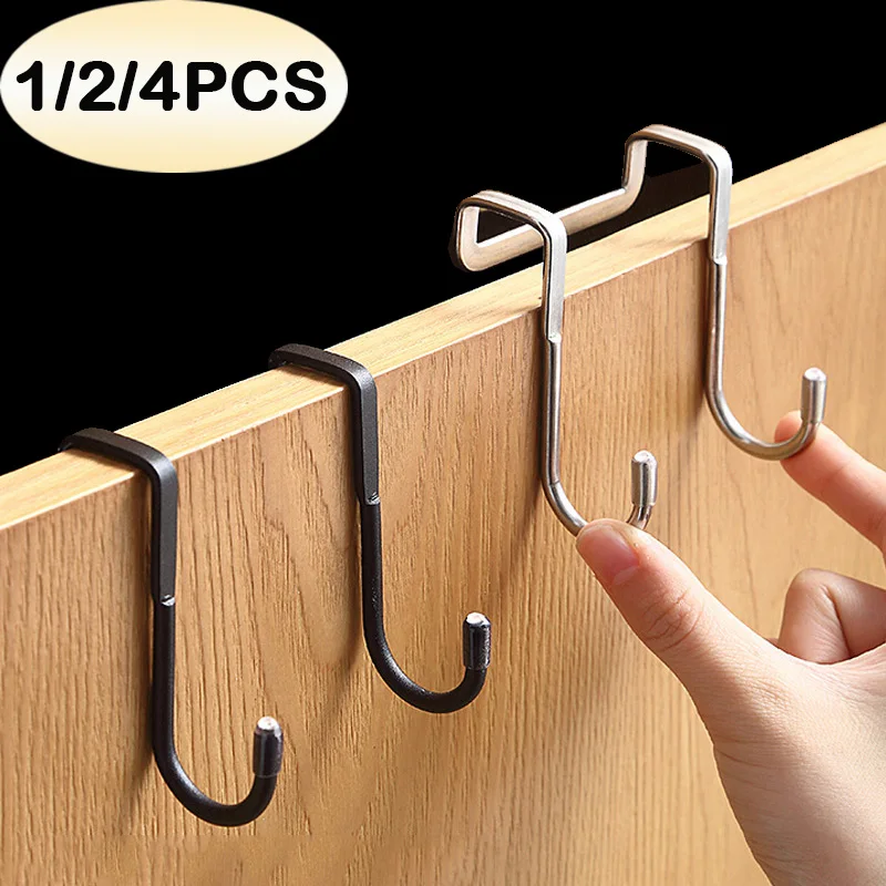 

Cabinet Door Hook Double S-Shape Stainless Steel Hook Kitchen Bathroom Door Back Hook Free Punching Towel Hanger Home Organizer