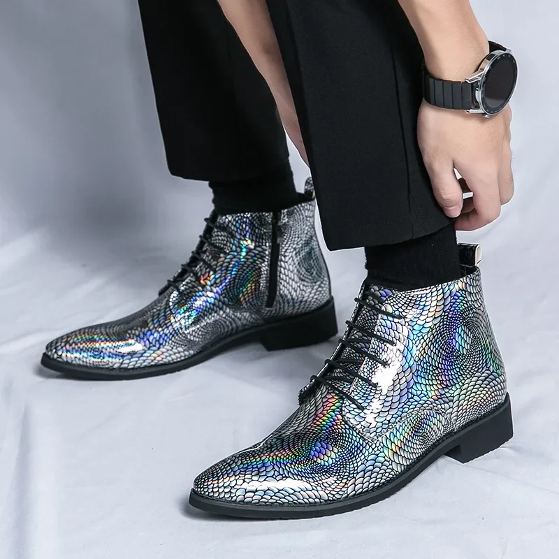 

Мужские блестящие короткие ботинки, Осень-зима 2024, новая Британская мода, деловая Зеленая кожаная обувь с острым носком, Уличная Повседневная Роскошная обувь