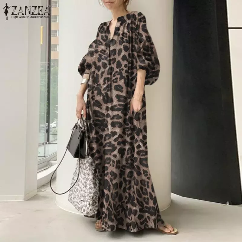 

Fashion Printed Maxi Dress Women's Leopard Sundress 2022 ZANZEA Spring Puff Sleeve Long Vestidos Female V Neck Robe Oversize