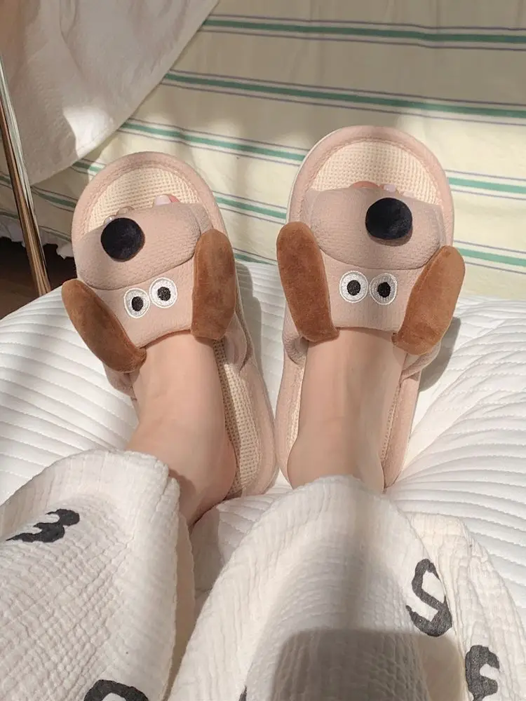 Anti Odor Funny Puppy Slippers Women's Summer Indoor Shoes Girls Cotton Linen Slides Hemp Shoes Women House Mules Slippers Ears