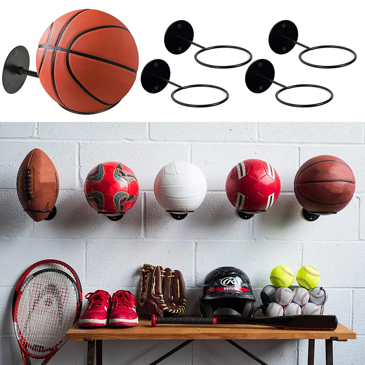 Wall-Mount Ball Racks Iron Basketball Storage Display Holder Football Rugby Hanging Stand Space Saving for Home Decor