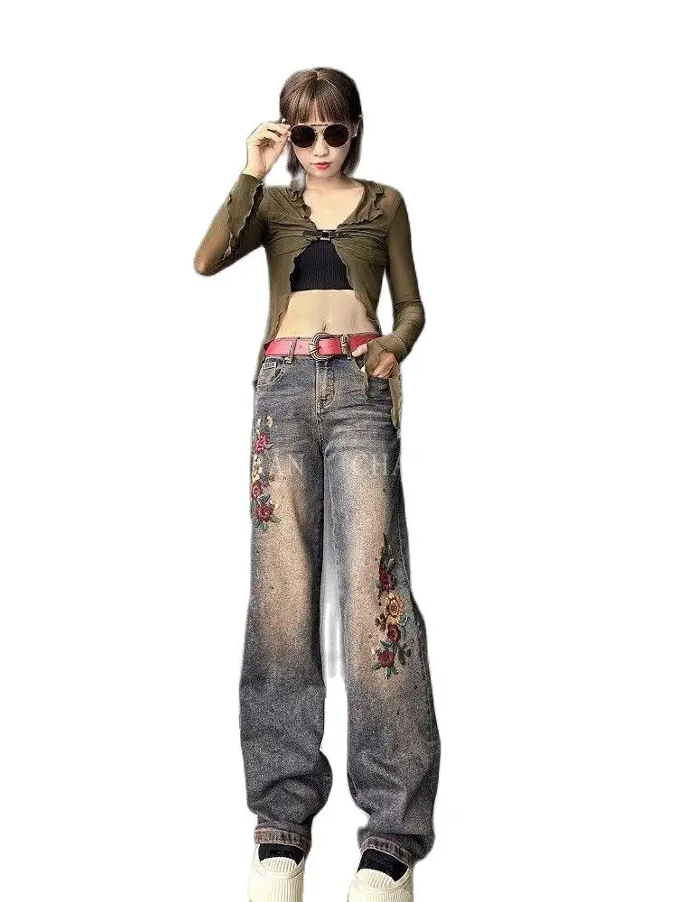 

Джинсы женские с высокой талией, винтажные прямые свободные штаны из денима на пуговицах, с винтажной вышивкой, с карманами, с широкими штанинами, уличная одежда на осень