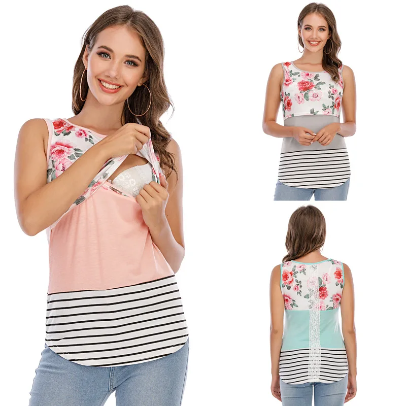 Women's Maternity Shirts Nursing Tank Tops Short Sleeve Print Colorblock Lace Vest Pregnancy T Shirt For Breastfeeding Clothes