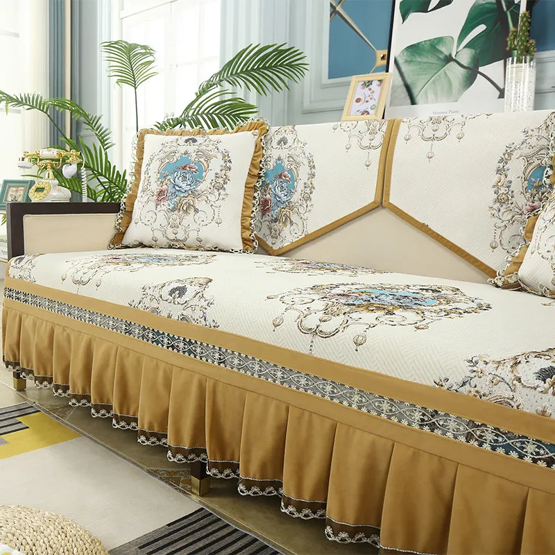 

Chinese Skirted Sofa Cover 1 2 3 4 Seater Chenille Jacquard Flower Couch Slipcover Armchair Cover Furniture Protector Anti-Slip