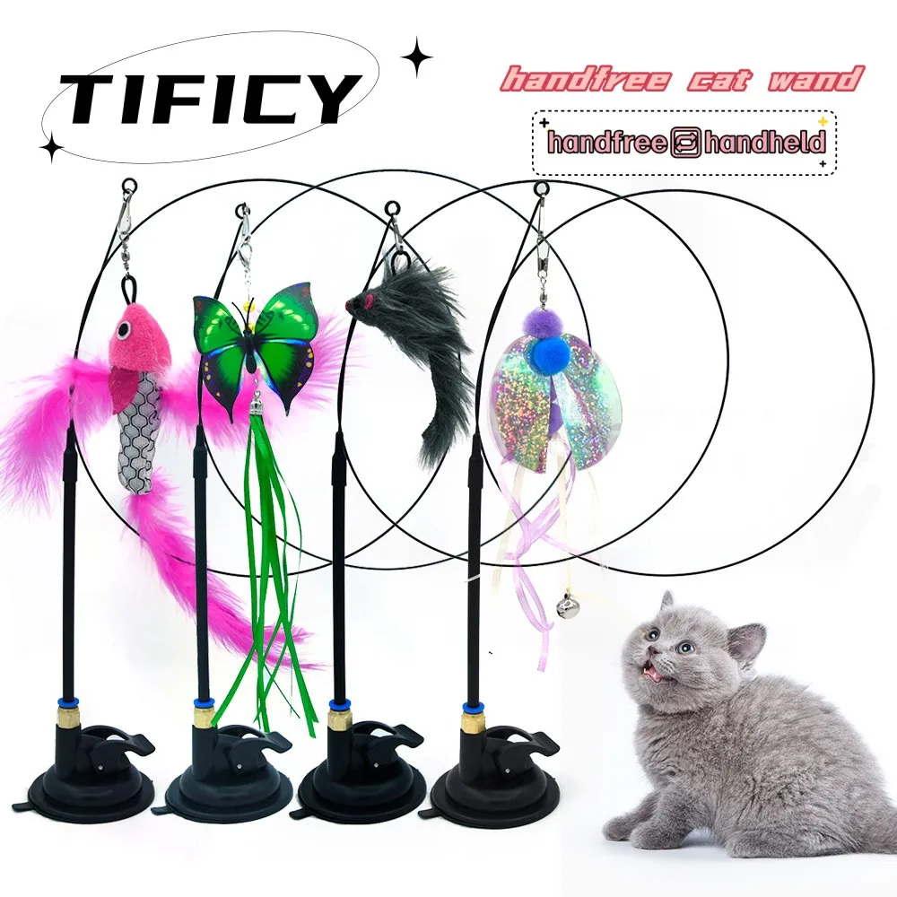 

Funny Cat Toy Folorful Fluffy Feather With Bell Sucker Cat Stick Toy Kitten Play Interactive Detachable Teaser Wand Cat Supplies