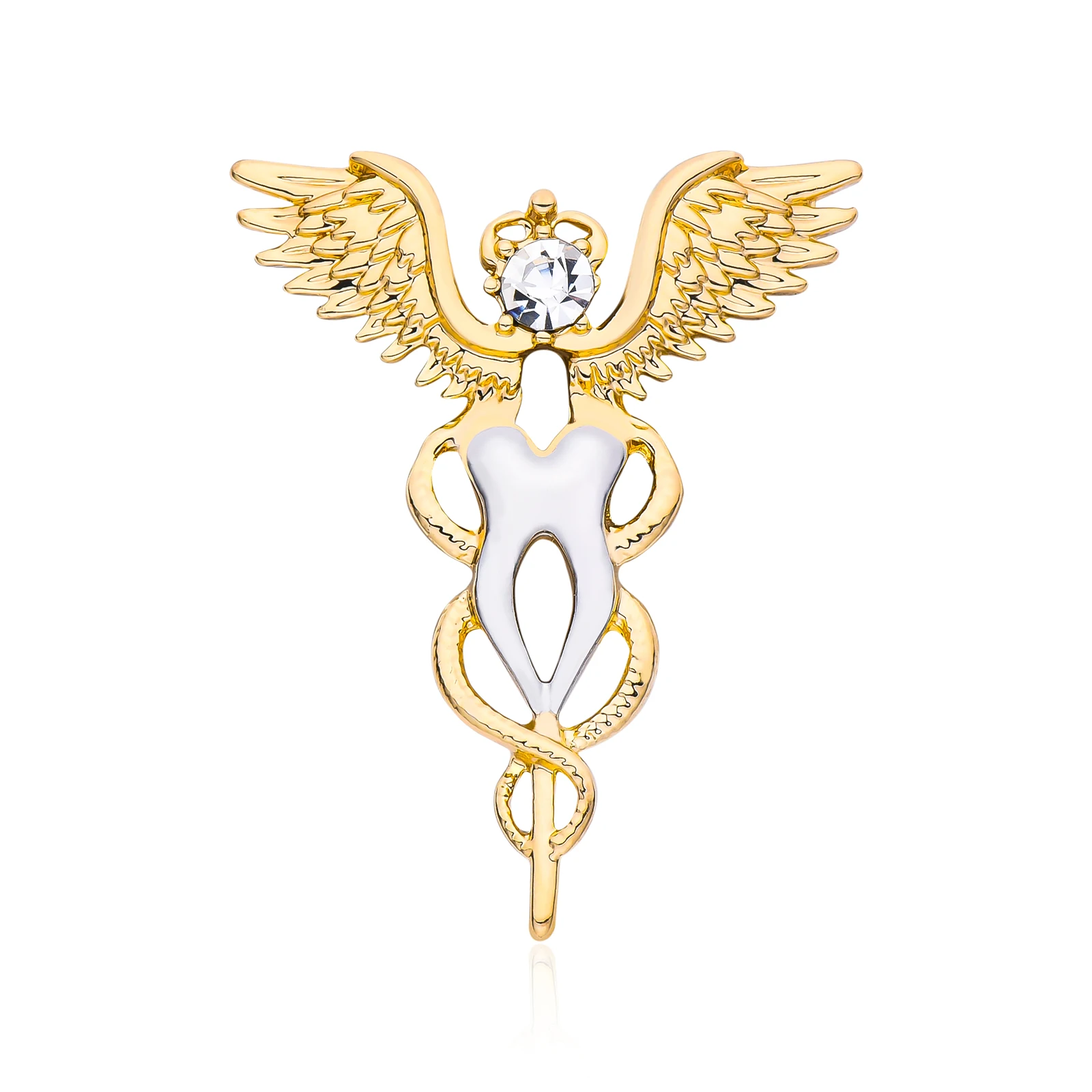 

Luxury Caduceus Tooth Wings Brooch Medical Dentist Lapel Backpack Snake Stick Badge Pins Jewelry Gift for Dental Doctor