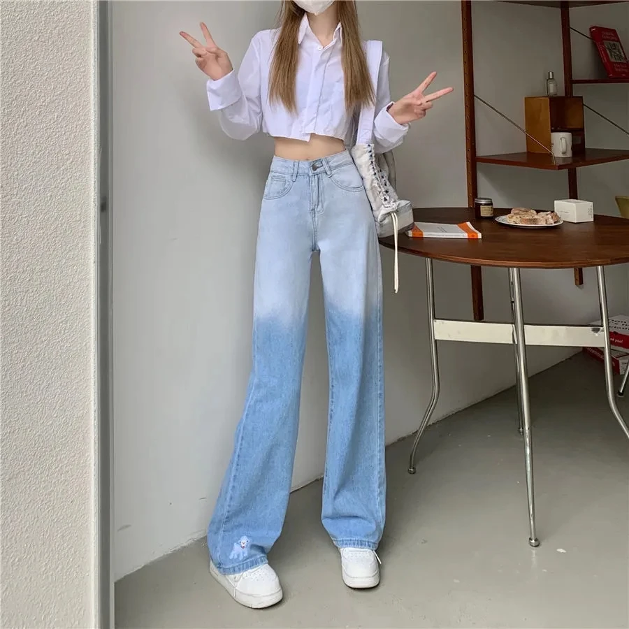 

Vintage Summer Women Pant Jeans High Waist Denim Pants Wide Leg Denim Clothing Blue Straight Mom Hole Denim Pants