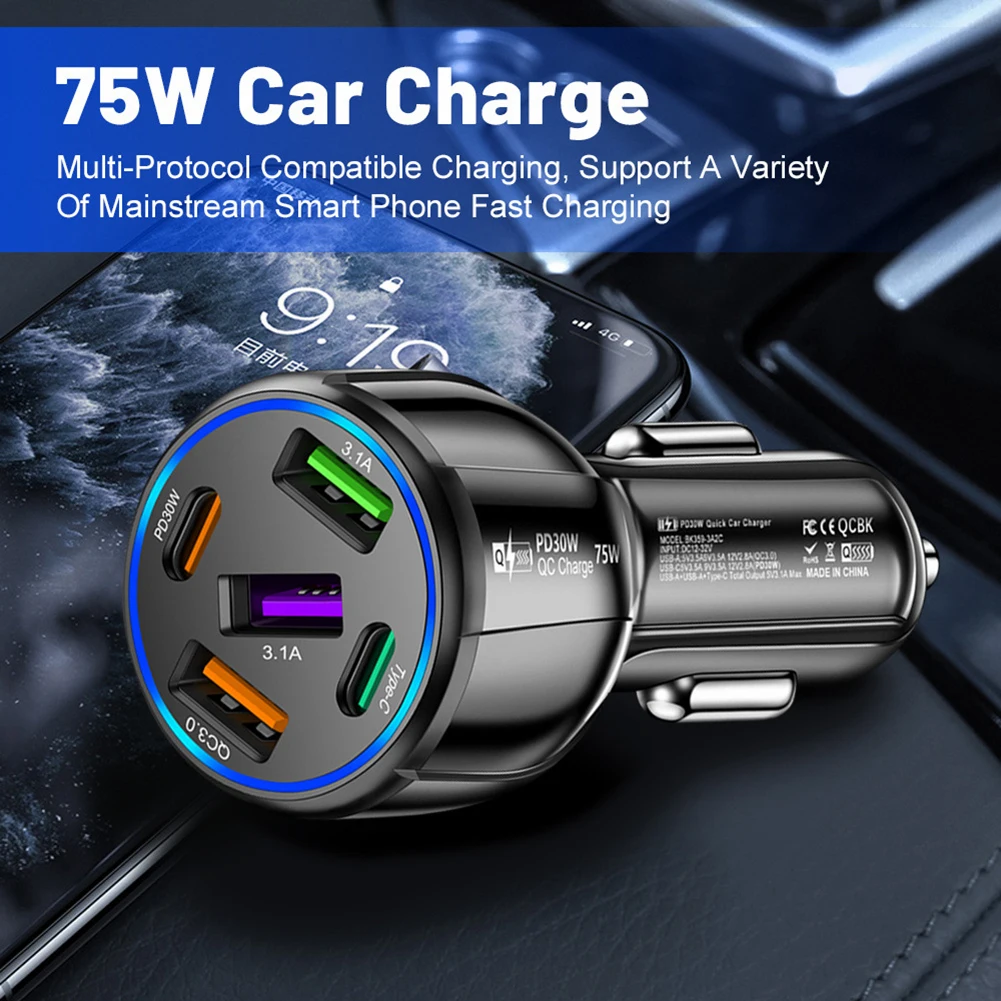 

75W Car Charger 5 Ports Fast Charging For PD QC3.0 Car USB Charger Type-C Charger Adapter For IPhone Xiaomi Huawei Samsung