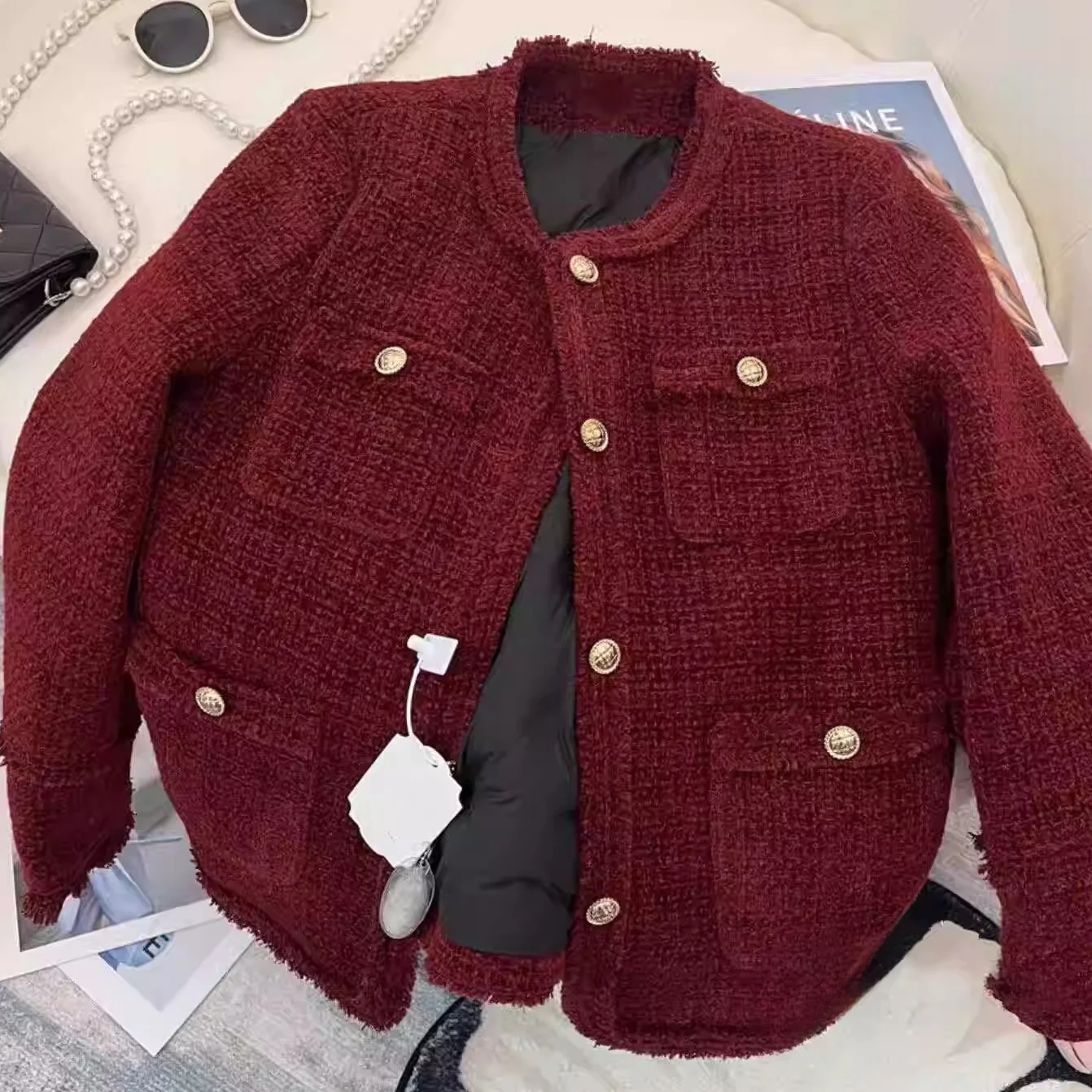 2024 Winter New Red Graceful Down jacket Women Short Thickened White Duck Down Liner Tweed Outerwear Fashion