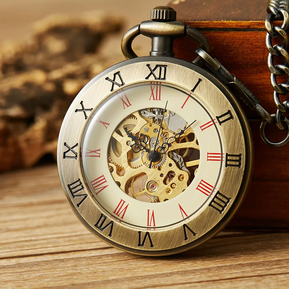 Vintage Bronze Hollow Mechanical Pocket Watch Men Roman Number Dial Retro Steampunk Hand Winding Pocket Watches Male Clock Gifts