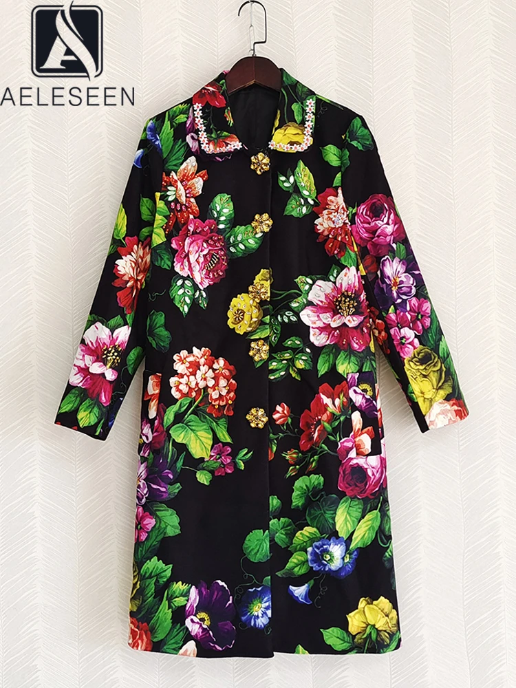 

AELESEEN Runway Fashion Women Coat 2022 Autumn Winter Sicilian Colorful Flower Print Beading Crystal Elegant Wool Blends