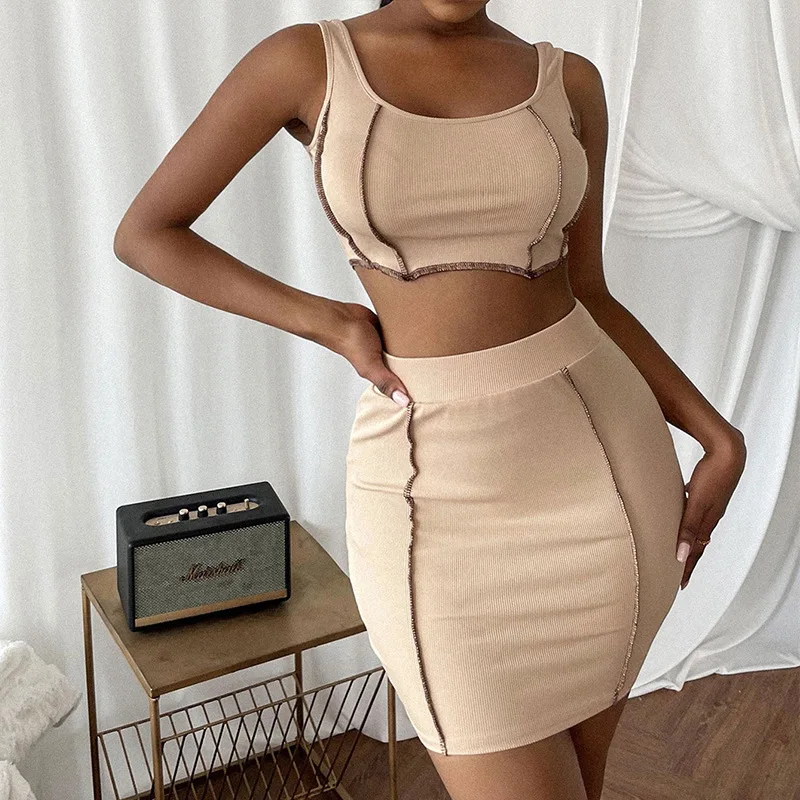 

2022 Summer Solid Slim Two Pieces Set Women Sexy Casual Camisole Tank Top And High Waist Midi-Length Bodycon Mini Skirt Sets
