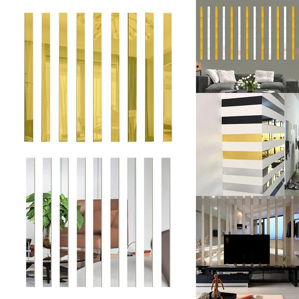 

10Pcs Long Strip Acrylic Mirror Mosaic Wall Sticker Living Room Bedroom Decorative Mirror Wall Sticker Home Decoration Stickers