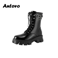 antovo womens martin boots genuine leather autumn winter flat heel daily shoes ladies british girls mid barrel knight boots