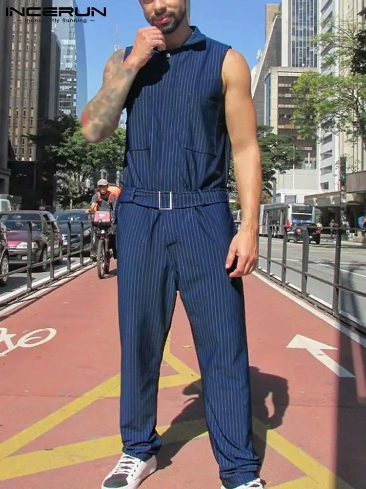 INCERUN Men Striped Jumpsuits Lapel Sleeveless Pockets 2022 Fashion Casual Rompers Streetwear Leisure Men Overalls With Belt 5XL
