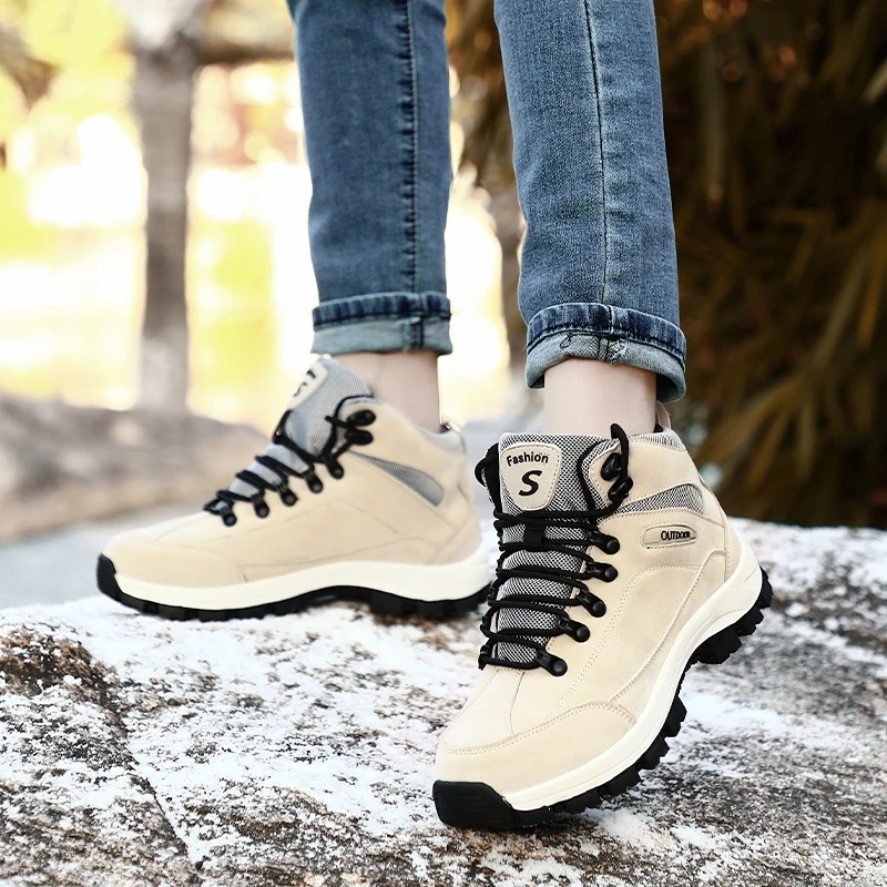 JIEMIAO High Quality Outdoor Camping Hiking Shoes Unisex High Top Plush Warm Casual Sneakers Men Non-slip Trekking Walking Boots