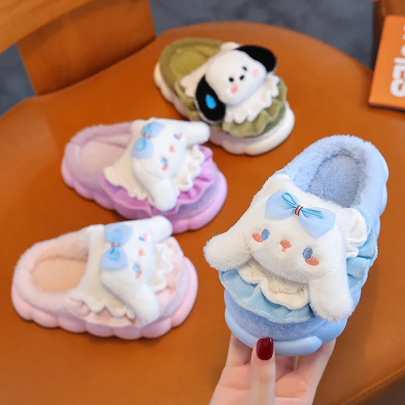 

Winter Cute Cartoon Bow Puppy Non-slip Soft Sole Plush Slippers Children's For Kids Girls Indoor Warm Cotton Home Shoes