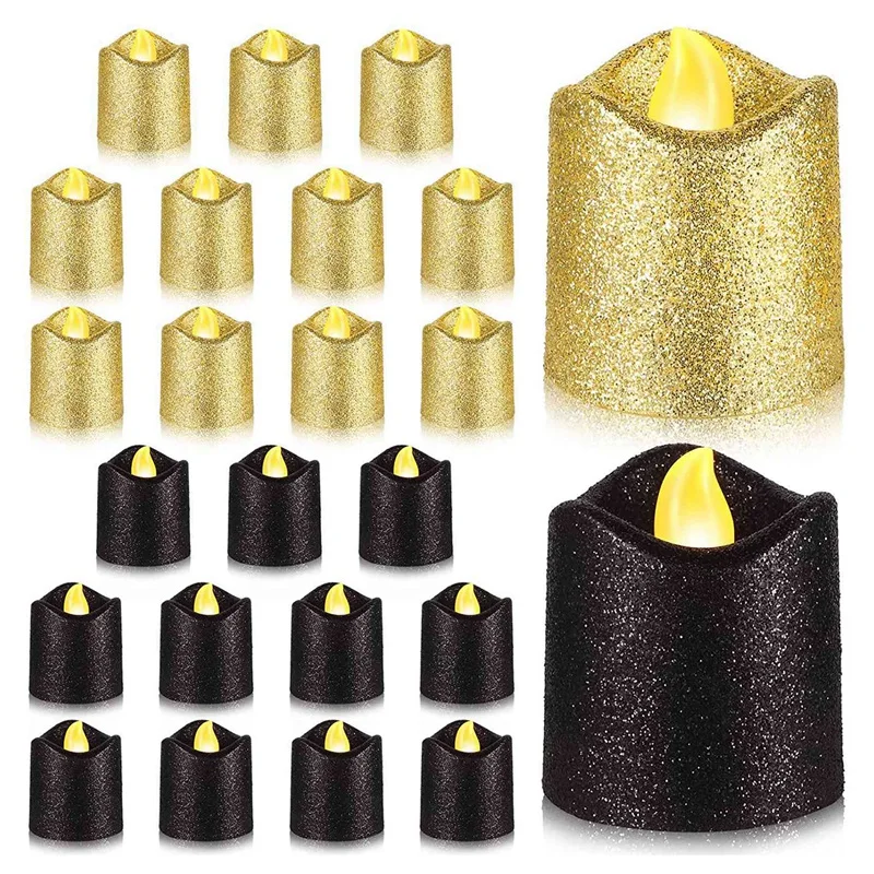48 Packs Gold Flameless Votive Candles Black Glitter LED Tealights Battery Operated Tea Lights Warm Yellow Light Holder