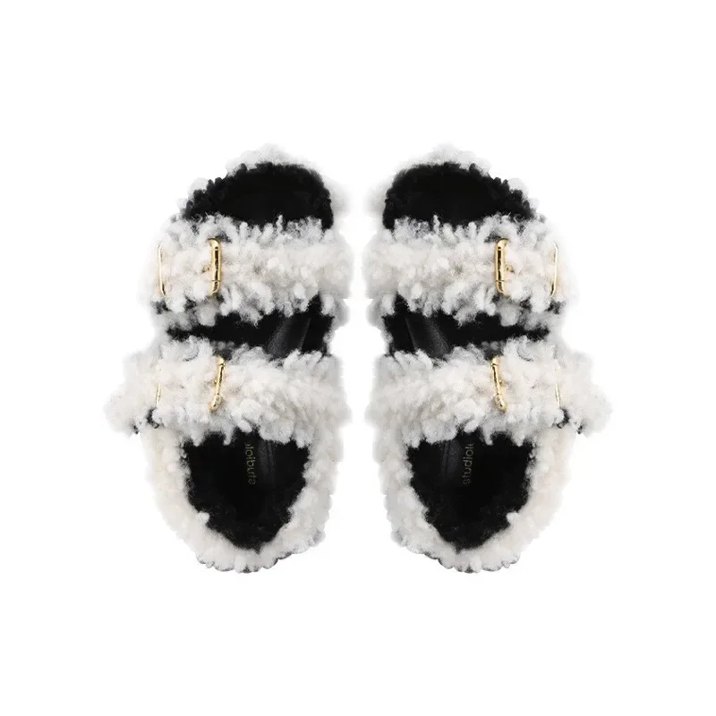 Тапки женские плюшевые модные домашние тапки на плоской подошве с металлическим