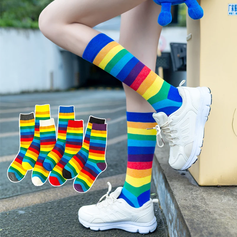 

Радужные цветные Хлопковые гольфы для скейтборда, женские чулки, повседневные носки в стиле хип-хоп, эластичные носки, милые носки в стиле р...