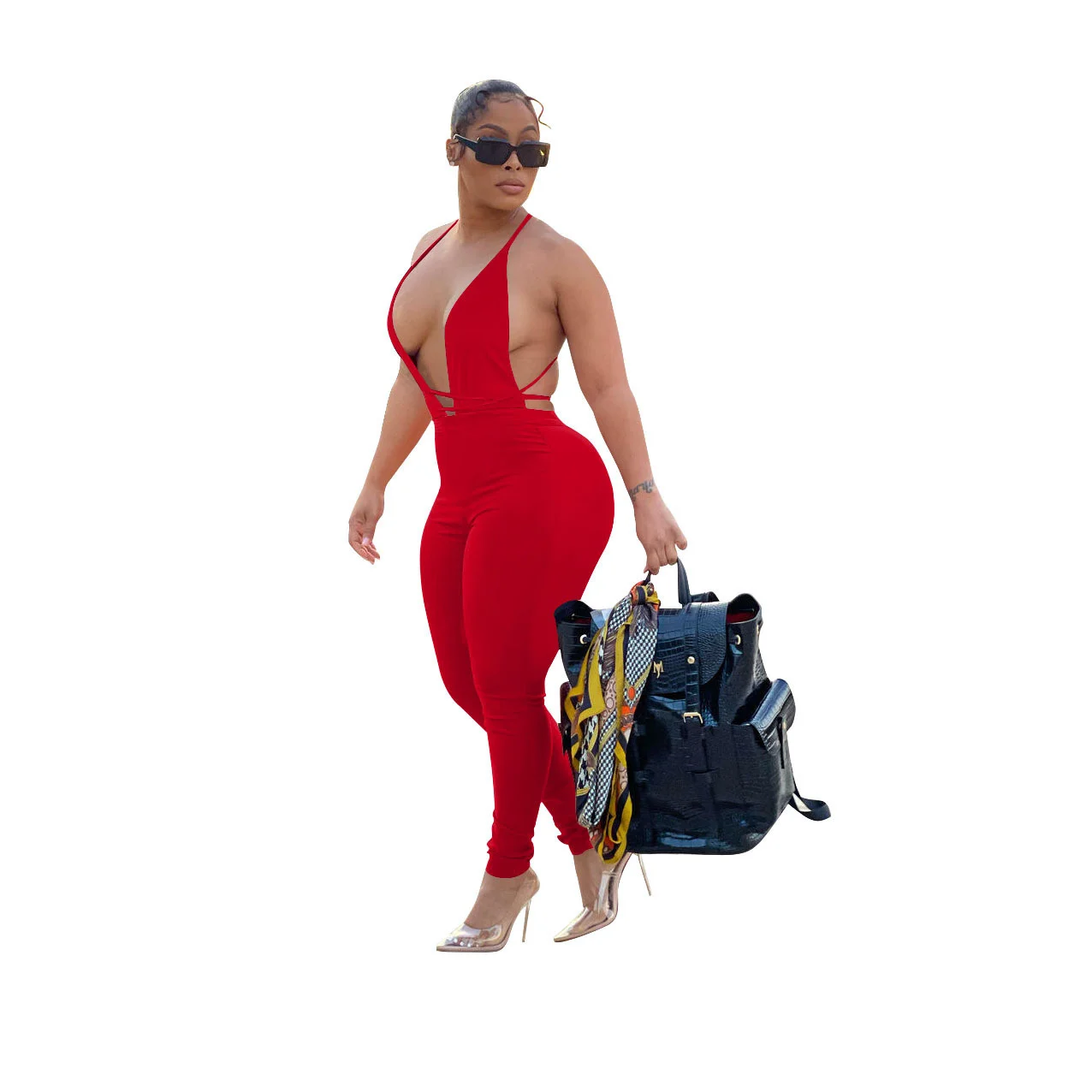 

Cutubly One Piece Outfit Club Jumpsuits Romper Solid Color Sleeveless Pants Overalls Lady Female Clothing Halter Tight Skinny