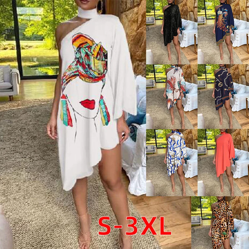 women one shoulder print dress summer Casual New plus size Peacock Print Elegant ladies Irregular ruffle T shirt dress