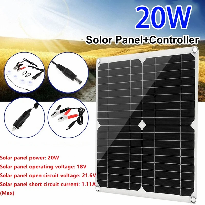 

20W 18V Car Battery Solar Charger Outdoor Portable USB Monocrystalline Solar Panel For Mobile Phone Action Camera Car