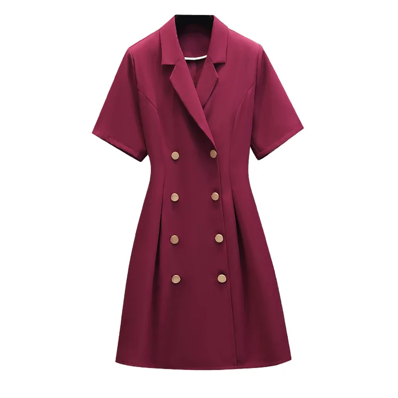 

Women Summer Elegant Midi Dress Office Double Breasted Suit Collar Short Sleeve Plus Size Casual A Line Slim Party Vestidos 2022
