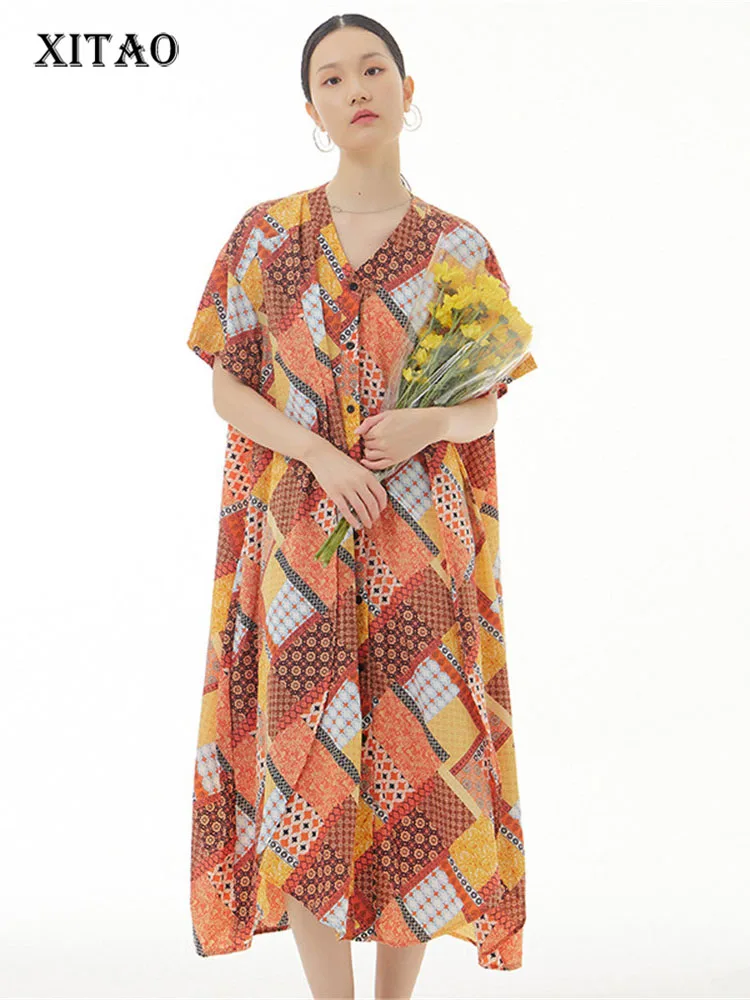 

XITAO Print Dress Vintage Print Pattern Goddess Fan Casual Style Small Fresh Single Breast Loose 2022 Dress WLD7889