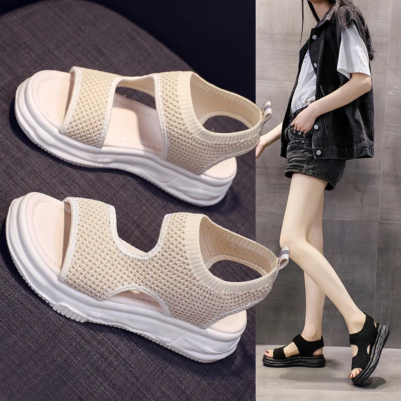 

Flying Woven Thick Bottom Dissolved Bottom Fish Mouth New Korean version breathable casual thick Bottom Beach Sandals Women