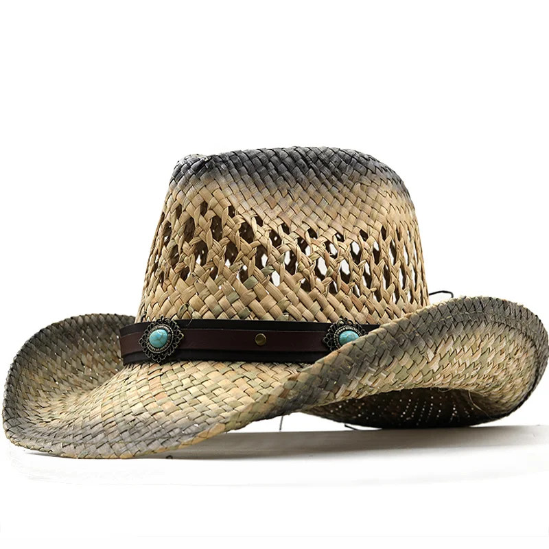 

2022 New Men Beach Hat Cowboy Women 100% natural Straw Panama Hat Belt Cow Decorate Wide Brimmed Hats For Summer Khaki Male Hat