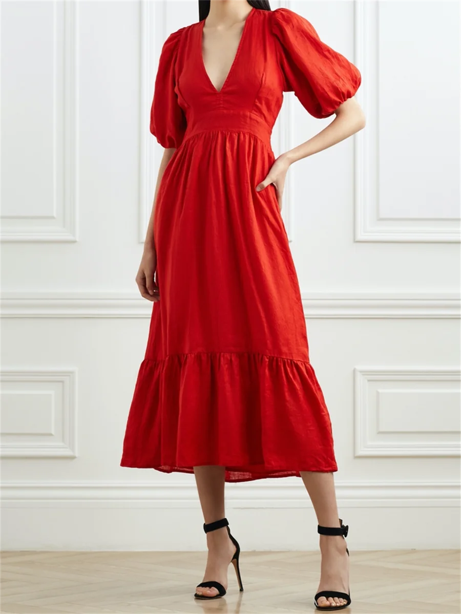 

2023 summer new, Korean backless fashion women, light and breathable linen dress, V-neck long-sleeved top, women's skirt